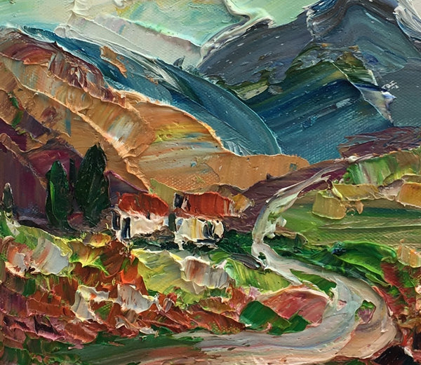 Heavy Texture Oil Painting, Mountain Village Landscape Painting, Small Oil Painting, Original Artwork, 8X10 inch-artworkcanvas