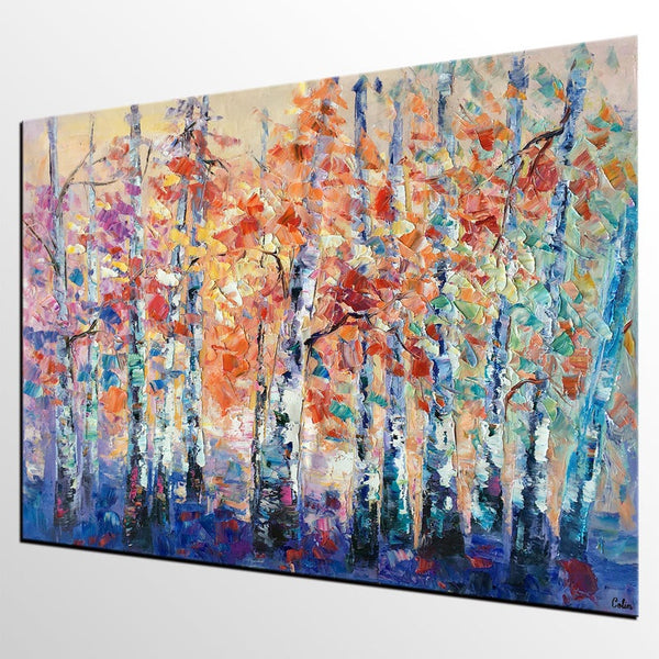 Palette Knife Paintings, Autumn Tree Landscape Paintings, Custom Canvas Painting for Dining Room, Landscape Canvas Paintings, Heavy Texture Painting-artworkcanvas