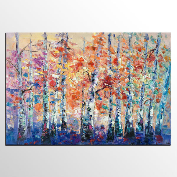 Palette Knife Paintings, Autumn Tree Landscape Paintings, Custom Canvas Painting for Dining Room, Landscape Canvas Paintings, Heavy Texture Painting-artworkcanvas