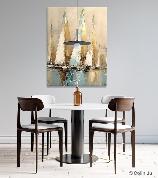 Sail Boat Abstract Painting, Landscape Canvas Paintings for Dining Room, Acrylic Painting on Canvas, Original Landscape Abstract Painting-artworkcanvas