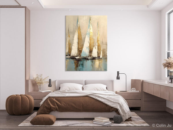 Sail Boat Abstract Painting, Landscape Canvas Paintings for Dining Room, Acrylic Painting on Canvas, Original Landscape Abstract Painting-artworkcanvas