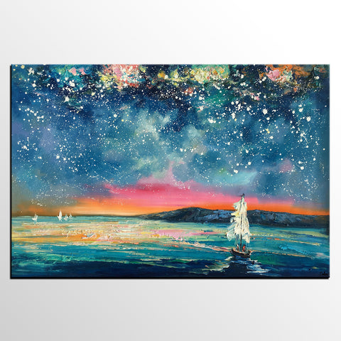 Landscape Oil Paintings, Sail Boat under Starry Night Sky Painting, Landscape Canvas Paintings, Custom Landscape Wall Art Paintings for Living Room-artworkcanvas