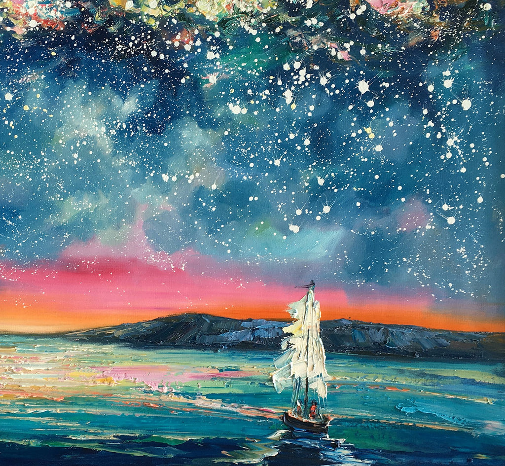 Landscape Oil Paintings, Sail Boat under Starry Night Sky Painting, La –  artworkcanvas