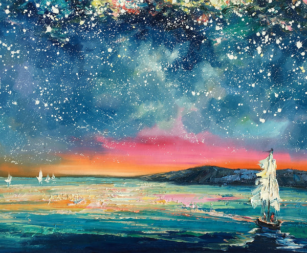 Landscape Oil Paintings, Sail Boat under Starry Night Sky Painting, Landscape Canvas Paintings, Custom Landscape Wall Art Paintings for Living Room-artworkcanvas