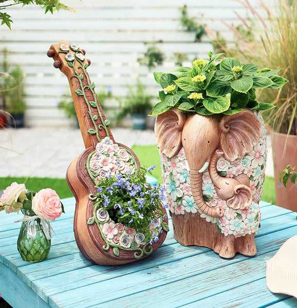 Modern Garden Flower Pot, Unique Guitar Flowerpot for Garden Ornaments, Beautiful Guitar Flowerpot, Villa Outdoor Decor Gardening Ideas-artworkcanvas