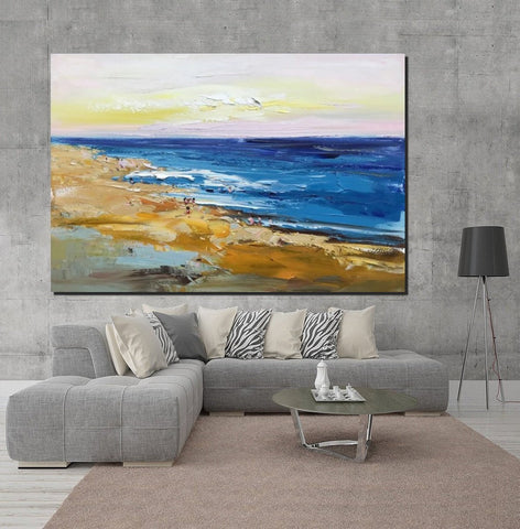 Large Paintings Behind Sofa, Landscape Painting for Living Room, Acrylic Paintings on Canvas, Heavy Texture Painting, Seashore Beach Painting-artworkcanvas