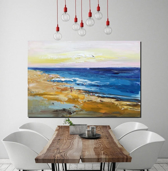 Large Paintings Behind Sofa, Landscape Painting for Living Room, Acrylic Paintings on Canvas, Heavy Texture Painting, Seashore Beach Painting-artworkcanvas