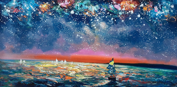 Bedroom Canvas Art, Landscape Painting, Boat under Starry Night Sky Painting, Custom Large Painting-artworkcanvas