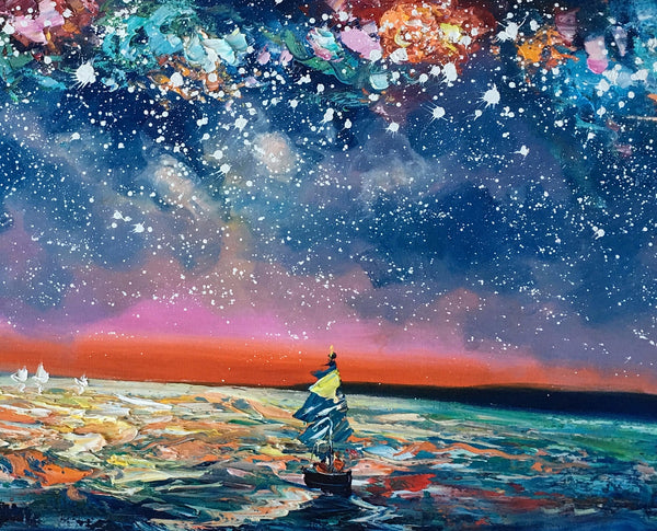 Bedroom Canvas Art, Landscape Painting, Boat under Starry Night Sky Painting, Custom Large Painting-artworkcanvas