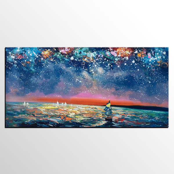 Bedroom Canvas Art, Landscape Painting, Boat under Starry Night Sky Painting, Custom Large Painting-artworkcanvas