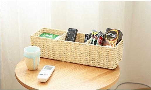 Woven Straw Storage basket with 3 Compartments, Wicker Storage Basket, Rectangle Storage Basket for Living Room-artworkcanvas