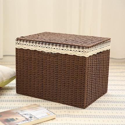 Large Deep Brown / Cream Color Woven Straw basket with Cover, Storage Basket for Toys, Rectangle Storage Basket, Storage Basket for Clothes-artworkcanvas