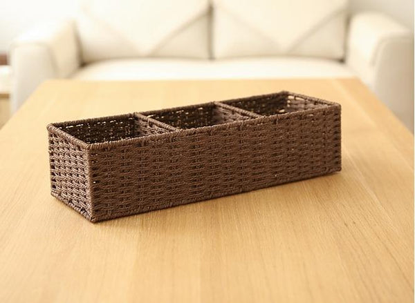 Woven Straw Storage basket with 3 Compartments, Wicker Storage Basket, Rectangle Storage Basket for Living Room-artworkcanvas