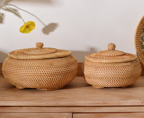 Woven Storage Basket for Kitchen, Round Storage Basket, Rattan Baskets, Small Storage Baskets, Handmade Storage Baskets, Round Storage Basket with Lid-artworkcanvas