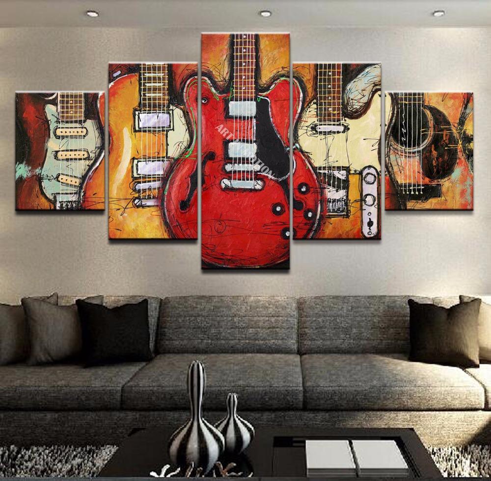 5 Piece Abstract Painting, Guitar Painting, Large Paintings for Living Room, Modern Abstract Painting, Musical Instrument Painting-artworkcanvas