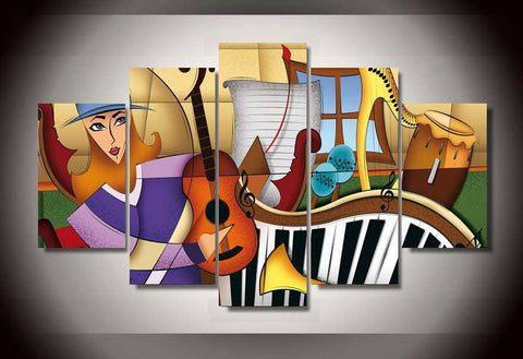 Girl Playing Guitar Painting, Electronic organ, Dulcimer, Tambourine Painting, 5 Piece Abstract Art, Musical Instrument Painting-artworkcanvas