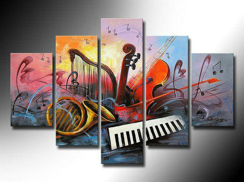 Music Painting, Modern Paintings for Living Room, Abstract Acrylic Painting, Violin, Saxophone, Harp, 5 Piece Abstract Wall Art Paintings-artworkcanvas