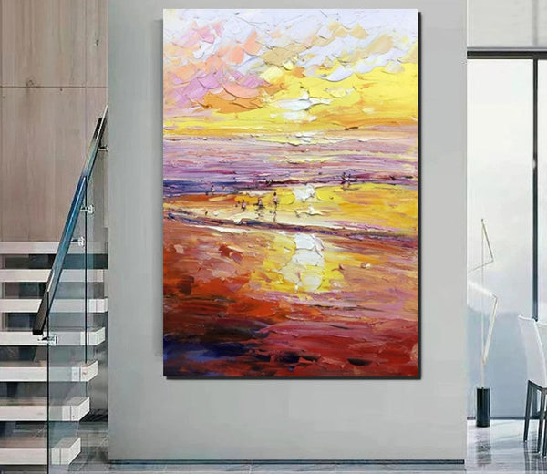Canvas Paintings for Bedroom, Large Paintings on Canvas, Landscape Painting for Living Room, Sunrise Seashore Painting, Heavy Texture Paintings-artworkcanvas