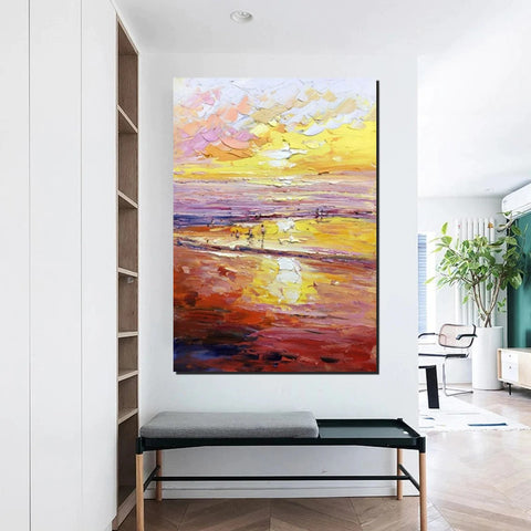 Canvas Paintings for Bedroom, Large Paintings on Canvas, Landscape Painting for Living Room, Sunrise Seashore Painting, Heavy Texture Paintings-artworkcanvas