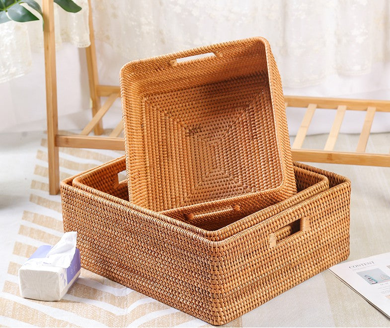 Extra Large Rectangular Woven Rattan Storage Basket For Living Room Shelves Kitchen Organization