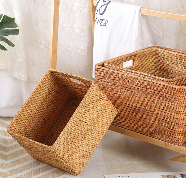 Woven Rattan Storage Baskets for Kitchen, Rectangular Storage Basket, Wicker Storage Basket for Clothes, Storage Baskets for Bathroom, Kitchen Storage Basket-artworkcanvas