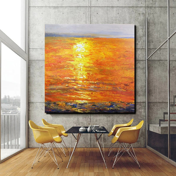 Landscape Acrylic Paintings, Sunrise Seascape Painting, Modern Wall Art Paintings, Heavy Texture Painting, Large Painting Behind Sofa-artworkcanvas