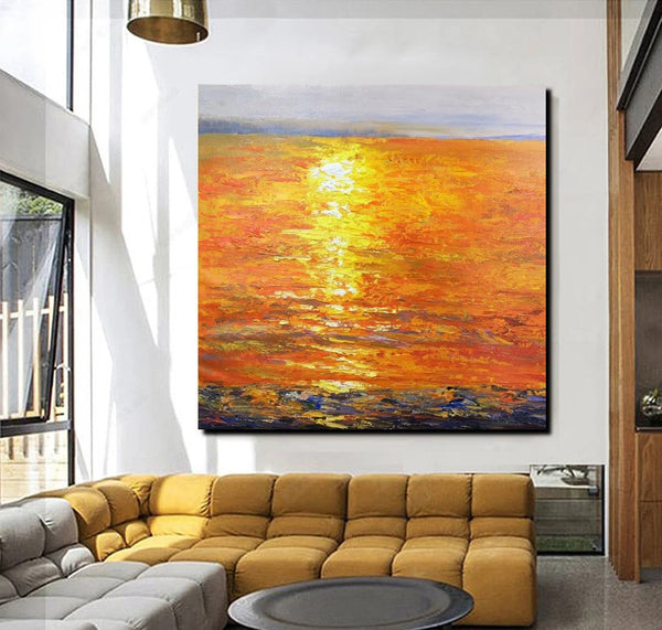 Landscape Acrylic Paintings, Sunrise Seascape Painting, Modern Wall Art Paintings, Heavy Texture Painting, Large Painting Behind Sofa-artworkcanvas