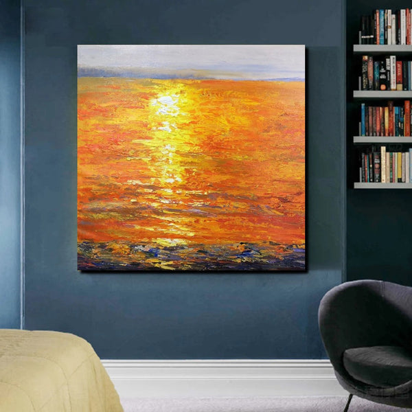 Landscape Acrylic Paintings, Sunrise Seascape Painting, Modern Wall Art Paintings, Heavy Texture Painting, Large Painting Behind Sofa-artworkcanvas