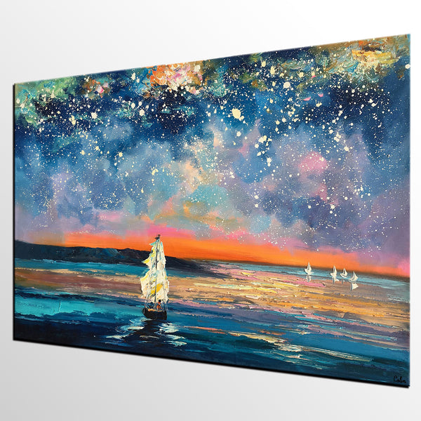 Landscape Canvas Painting, Large Canvas Wall Art, Starry Night Sky Painting, Custom Canvas Painting for Bedroom-artworkcanvas