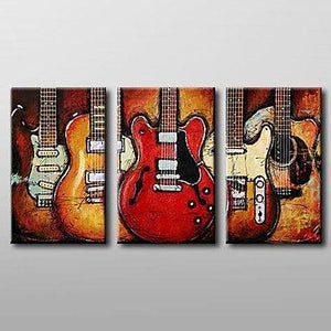 Modern Abstract Painting, 3 Piece Canvas Art, Red Abstract Painting, Electric Guitar Painting, Canvas Painting for Living Room-artworkcanvas