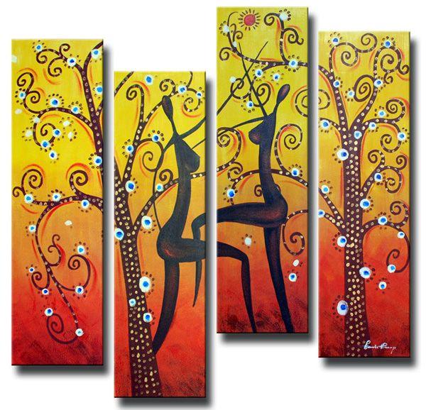 Tree of Life Painting, African Girl Painting, 4 Piece Canvas Paintings, Abstract Figure Art, Abstract Wall Art Paintings-artworkcanvas