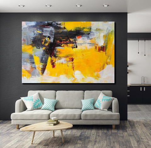 Living Room Modern Paintings, Yellow Acrylic Abstract Paintings, Large Painting Behind Sofa, Buy Abstract Painting Online, Simple Modern Art-artworkcanvas