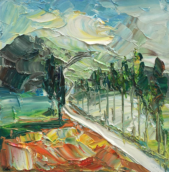 Tree and Path Painting, Abstract Landscape Painting, Small Oil Painting, Heavy Texture Oil Painting, 12X12 inch-artworkcanvas
