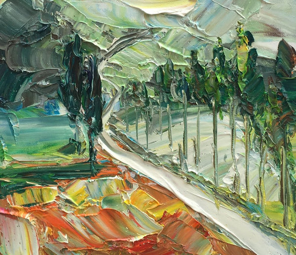Tree and Path Painting, Abstract Landscape Painting, Small Oil Painting, Heavy Texture Oil Painting, 12X12 inch-artworkcanvas