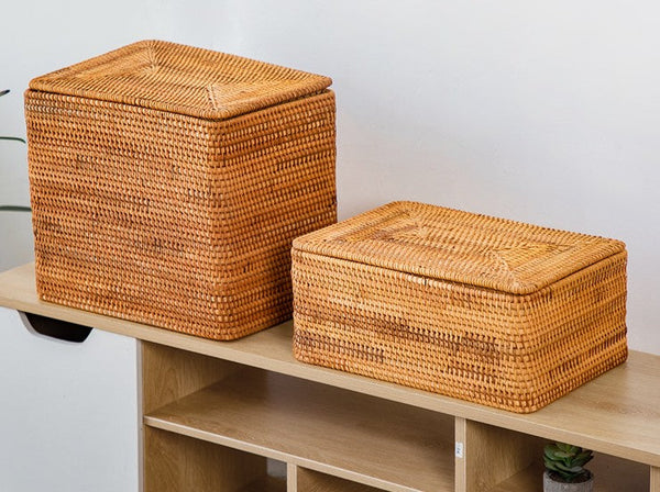 Storage Baskets with Lid, Rectangular Storage Baskets, Storage Baskets for Clothes, Pantry Storage Baskets, Rattan Woven Storage Basket for Bedroom-artworkcanvas