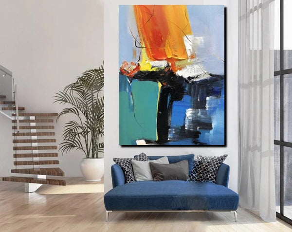 Acrylic Paintings on Canvas, Large Paintings Behind Sofa, Abstract Painting for Living Room, Blue Modern Paintings, Palette Knife Paintings-artworkcanvas