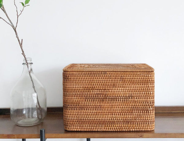 Large Storage Basket for Living Room, Storage Basket for Clothes, Woven Rattan Storage Baskets, Rectangular Storage Basket, Storage Basket with Lid-artworkcanvas