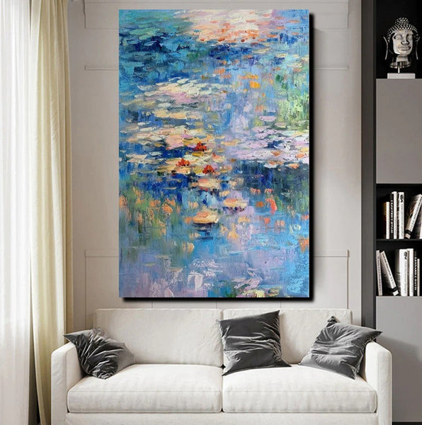 Acrylic Paintings on Canvas, Large Paintings for Bedroom, Landscape Painting for Living Room, Water Lily Paintings, Palette Knife Paintings-artworkcanvas