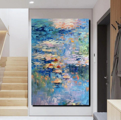 Acrylic Paintings on Canvas, Large Paintings for Bedroom, Landscape Painting for Living Room, Water Lily Paintings, Palette Knife Paintings-artworkcanvas