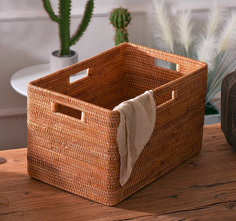 Large Laundry Storage Basket for Clothes, Rectangular Storage Basket, Rattan Baskets, Storage Baskets for Bedroom, Storage Baskets for Shelves-artworkcanvas