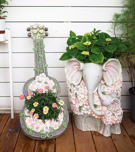Unique Guitar Flowerpot for Garden Ornaments, Modern Garden Flower Pot, Beautiful Guitar Flowerpot, Villa Outdoor Decor Gardening Ideas-artworkcanvas
