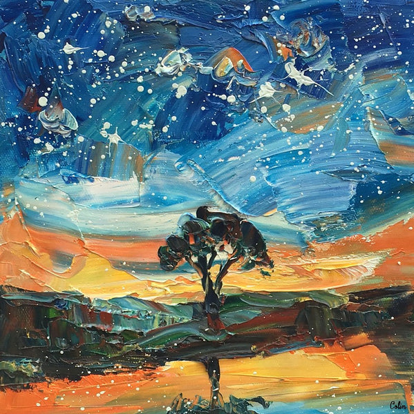 Landscape Painting, Starry Night Sky Painting, Small Oil Painting, Heavy Texture Oil Painting, 10X10 inch-artworkcanvas