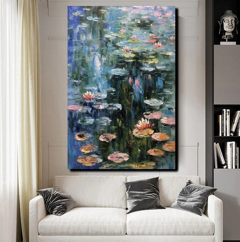 Large Paintings on Canvas, Canvas Paintings for Bedroom, Landscape Painting for Living Room, Water Lily Paintings, Heavy Texture Paintings-artworkcanvas