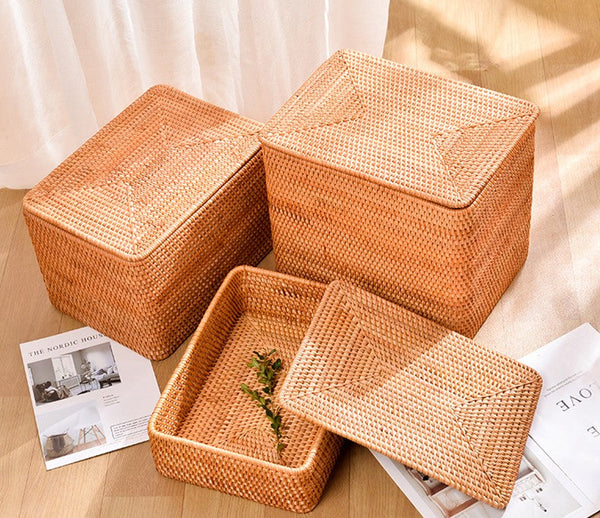 Woven Rattan Baskets, Rectangular Basket with Lid, Rectangular Storage Baskets, Storage Basket for Bedroom, Kitchen Storage Baskets-artworkcanvas