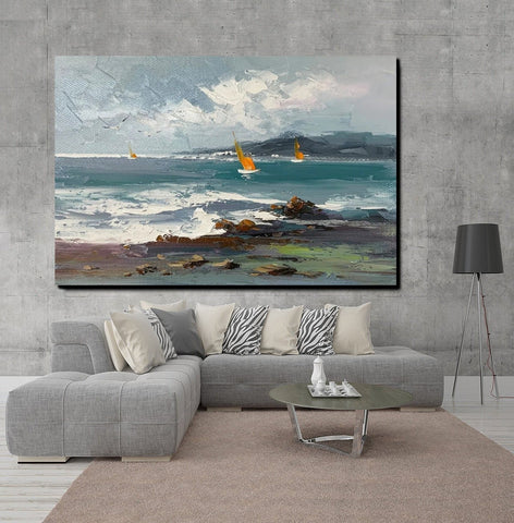 Large Paintings on Canvas, Canvas Paintings Behind Sofa, Landscape Painting for Living Room, Sail Boat at Sea Paintings, Heavy Texture Paintings-artworkcanvas
